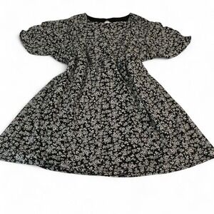 Torrid Floral Print Smocked Waist Square Neck Flutter Sleeve Dress Black White